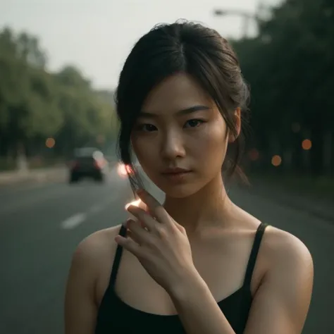 a woman in a black top holding a cell phone to her ear