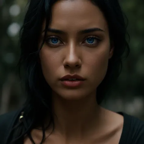 a close up of a woman with blue eyes and a black shirt