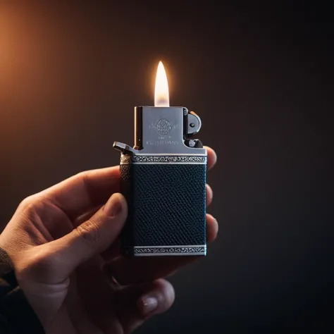 a person holding a lighter in their hand with a black background