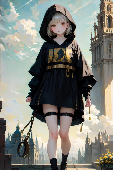 anime girl in black dress and hoodie walking down a street