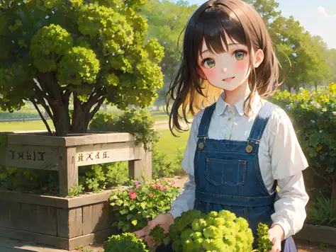 1girl, Generate an image featuring a girl holding a head of broccoli in a natural setting, such as a garden or a farm. The girl ...