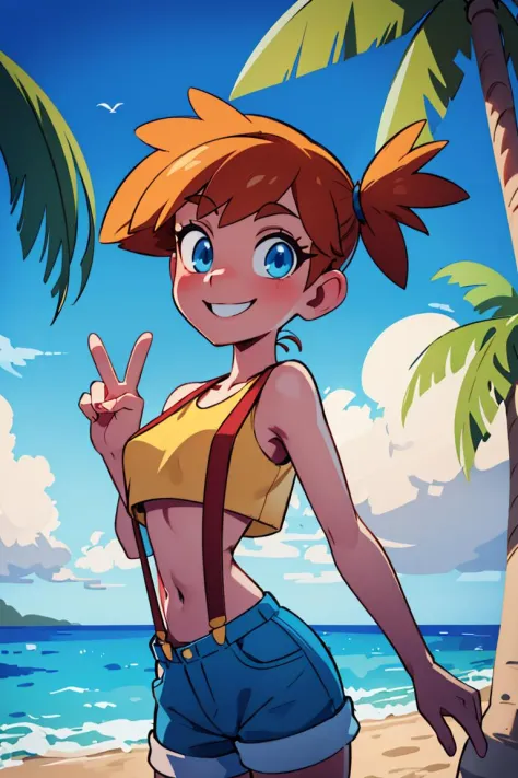 ((masterpiece,best quality)), absurdres, <lora:Misty_Pokemon:0.6>, Misty_Pokemon, pig tail, small breasts, blue eyes, yellow crop top, suspenders, solo, smiling, looking at viewer, cowboy shot, cinematic composition, dynamic pose, palm tree and beach in ba...