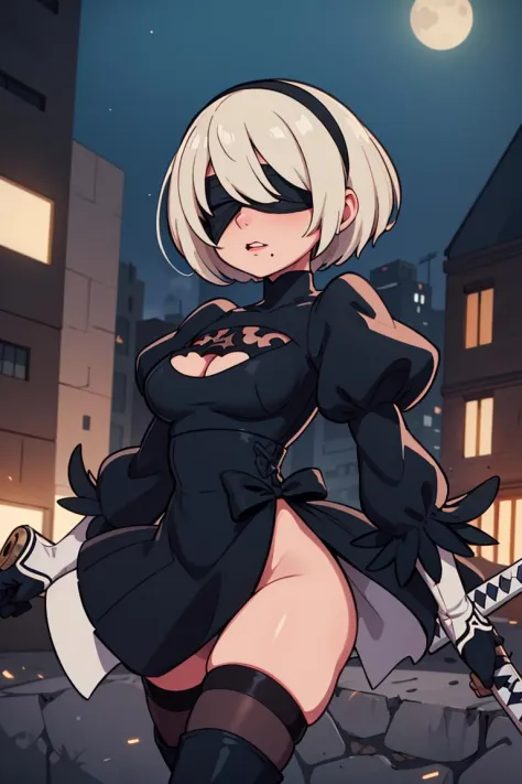 masterpiece, best quality, highres, hm2b, black blindfold, covered eyes, mole under mouth, clothing cutout, long sleeves, puffy sleeves,  juliet sleeves, feather trim, black thighhighs, black gloves, black dress, black skirt, thigh boots, <lora:y2b_v2-1:0....