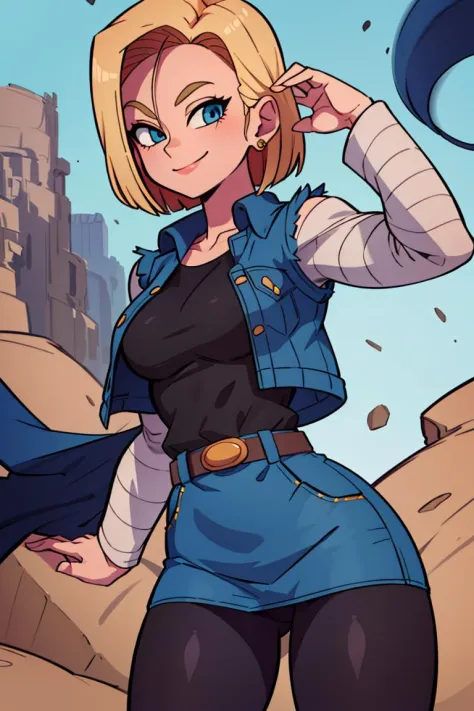((masterpiece,best quality)), absurdres, <lora:Android_18_DB:0.8>, Android_18_DB, denim skirt, pantyhose, solo, smiling, looking at viewer, cowboy shot, cinematic composition, dynamic pose