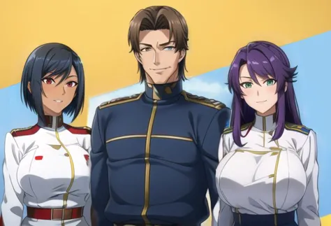 three anime characters in uniform standing next to each other