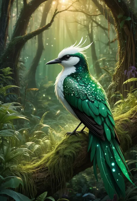 (medium full shot) of (elegant bird) with emerald green, speckled feathers, white-tipped wings, a woven grass band, set in  a mystical forest, with bioluminescent plants, hidden paths, magical creatures, and an enchanting ambiance, during sunset, gliding effortlessly, Masterpiece,best quality, photo, realistic, very aesthetic,