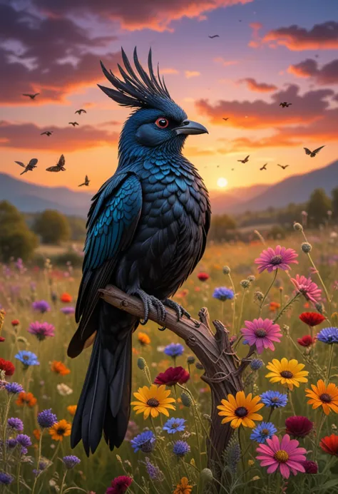 (medium full shot) of (majestic bird) with midnight black, tufted feathers, dark eye rings, an ornate brooch, set in  a colorful meadow, featuring a variety of wildflowers, buzzing insects, playful birds, and a lively environment, during sunset, perched gracefully, Masterpiece,best quality, photo, realistic, very aesthetic,