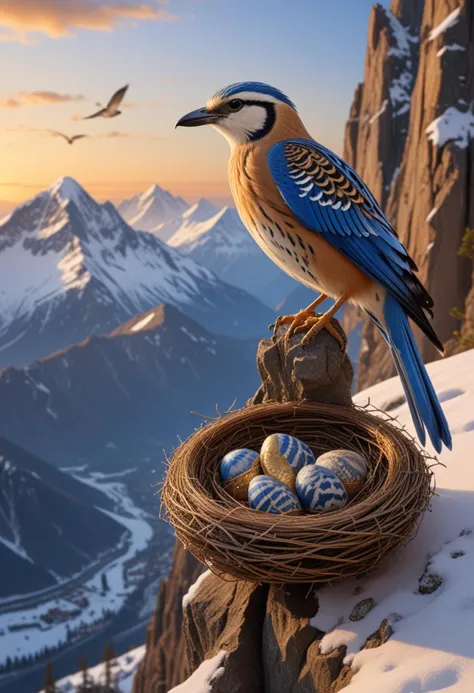 (medium full shot) of (exquisite bird) with brilliant blue, striped feathers, patterned breast, a golden bracelet, set in  a maj...