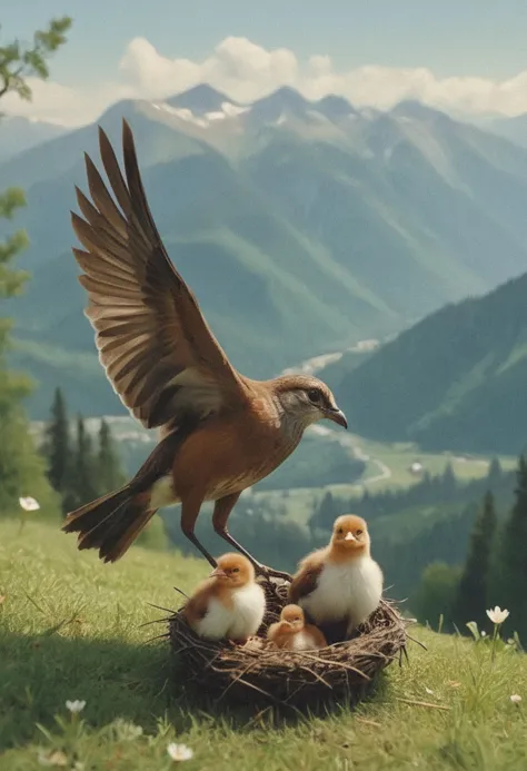 (medium full shot) of (elegant bird) with chestnut brown tufted feathers, white-tipped wings, feeding its chicks,  set in  a ser...