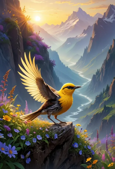 (medium full shot) of (elegant bird) with golden yellow, fluffy feathers, banded wings, a gemstone pendant, set in  a vibrant mountain, with wildflowers, clear streams, darting birds, and a lively ambiance, at dawn, building a nest, Masterpiece,best quality, photo, realistic, very aesthetic,