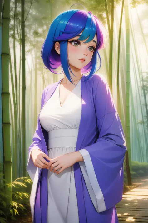 a woman with blue hair and purple hair standing in a bamboo forest