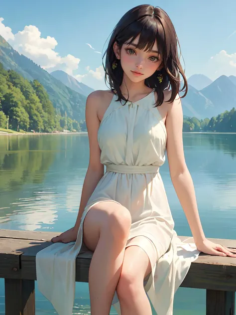 (scenic outdoor lake setting), (sunlit pier), young adult female, casual summer fashion, ((dipping legs into the lake)), relaxed pose, breezy hairstyle, subtle makeup, (lightweight fabric, flowing dress), nature-inspired colors, serene expression, (background: lush greenery, distant mountains), warm afternoon light, (sense of tranquility and connection with nature) (masterpiece, best quality:1.4),reggae theme