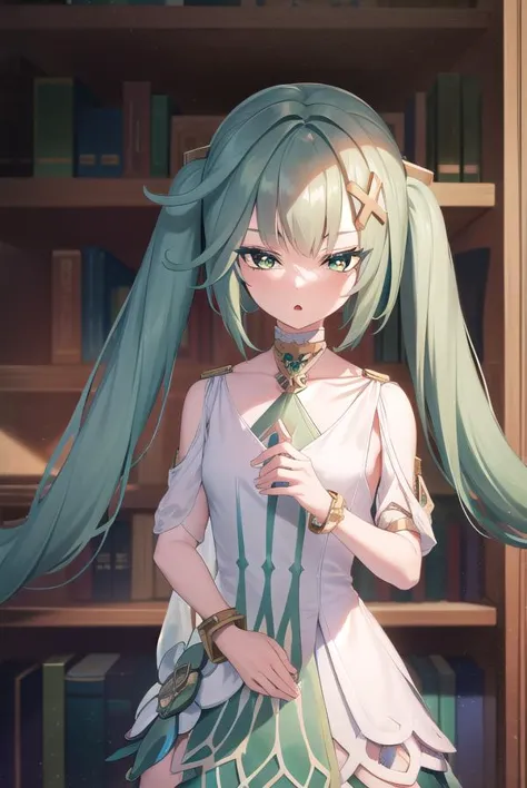 a woman with long green hair standing in front of a book shelf