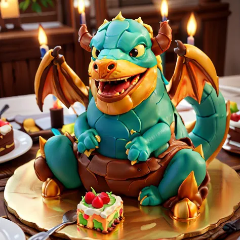 there is a cake with a dragon on it on a plate