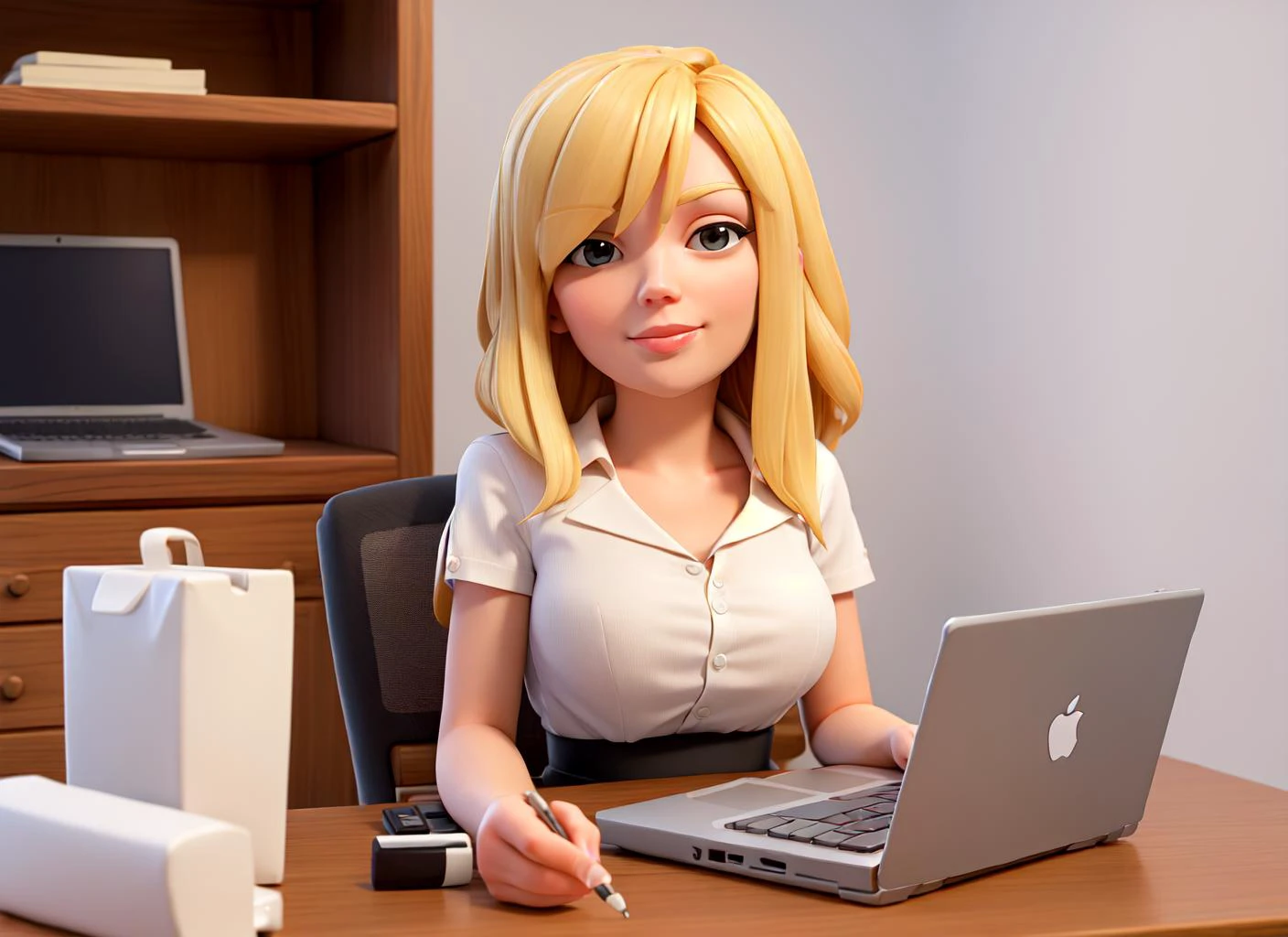 There is a woman sitting at a desk with a laptop SeaArt AI