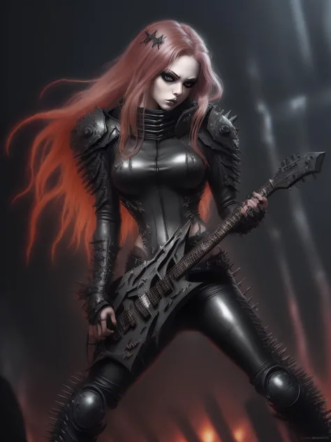 a woman in black leather outfit holding a guitar and standing in front of a dark background