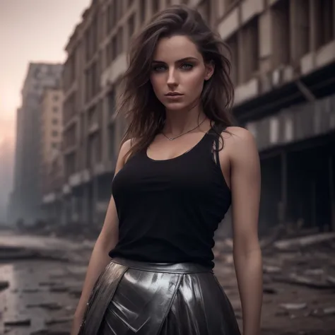 raw photo of European full-body young woman dressed light skirt, breast tightener, 23 years old, hyper detailed realistic face, realistic eyes, detailed skin pores, woman stands in the middle of the wasteland, close up, fantastic cinema shot, 8k hdr reflections, ruined city on background, looking directly at the camera, realistic shadows and reflections, high resolution beautiful face portrait