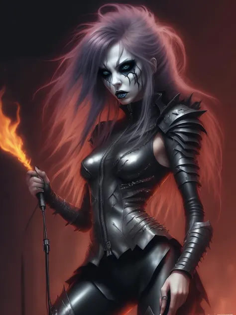 a woman in a black leather outfit holding a fire stick