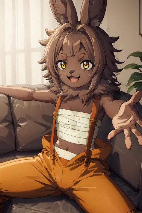 Bilac, 1girl, furry, rabbit girl, animal nose, rabbit ears, brown fur, body fur, short hair, yellow eyes, brown hair, puffy pants, orange pants, suspenders, bandages, living room, indoors, sofa, sitting on sofa, sitting, spreading legs, outstretched arms, :D, relaxed, <lora:Bilac:1>