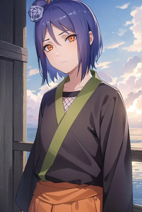 konan, <lyco:konan-lyco-nochekaiser:1>,
konan, blue hair, (orange eyes:1.5), short hair, hair ornament, flower, hair flower,
bre...