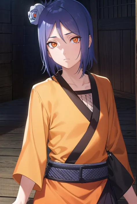 konan, <lyco:konan-lyco-nochekaiser:1>,
konan, blue hair, (orange eyes:1.5), short hair, hair ornament, flower, hair flower,
bre...