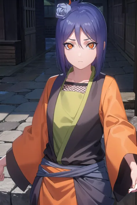 konan, <lyco:konan-lyco-nochekaiser:1>,
konan, blue hair, (orange eyes:1.5), short hair, hair ornament, flower, hair flower,
bre...