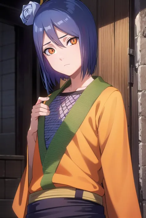 konan, <lyco:konan-lyco-nochekaiser:1>,
konan, blue hair, (orange eyes:1.5), short hair, hair ornament, flower, hair flower,
bre...