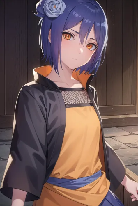 konan, <lyco:konan-lyco-nochekaiser:1>,
konan, blue hair, (orange eyes:1.5), short hair, hair ornament, flower, hair flower,
bre...