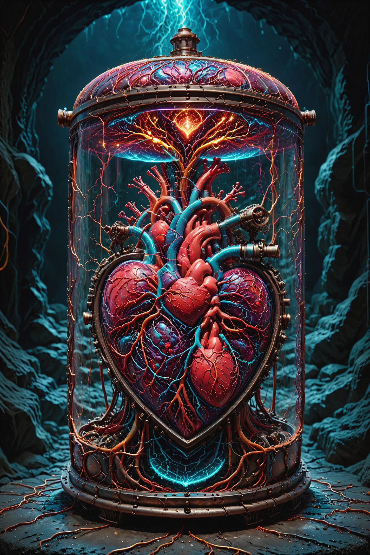 contained color, a masterpiece illustration, a highly detailed sci-fi mechanical heart in a container with glass window and led lighting, in a dark sci-fi cave, steampunk, flow, detailed, (lightning strikes:1.2), symmetric, liquid paint, abstract art, psychedelic a hand over the container covered with shiny and slippery (neon:1.3) ais-vesselz veins extremely intricate details, photorealistic, selective focus, extremely detailed, fine detail, rich colors, high quality, sharp focus, 8k uhd