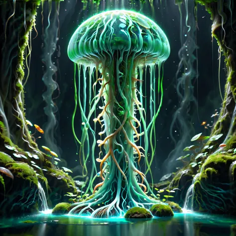 there is a tall green waterfall with a light coming out of it, painttoolsai, moss terrarium, space jellyfish, circle, fluids, no...