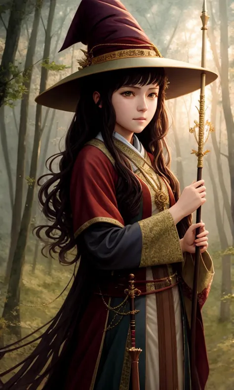 a woman in a hat and gown holding a wand in a forest