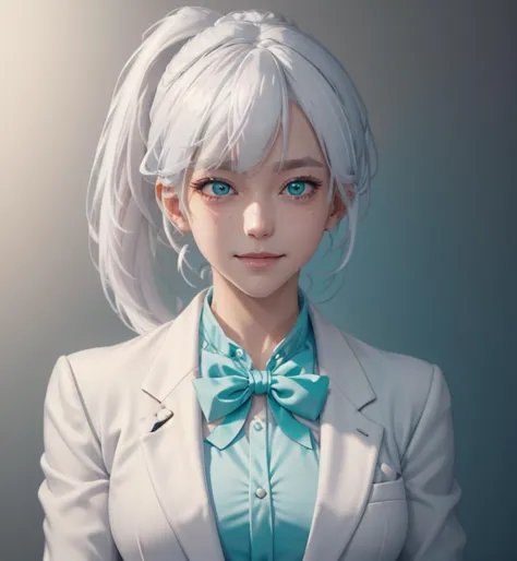 <lora:Mobster_Hotline_Miami:0.85> mobster, white suit, teal dress shirt,   <lora:FiveSevenNormal:.8> , fivesevennormal, 1girl,ponytail,white hair,hair ribbon,yellow eyes,hair ornament,smile,bowtie,, best quality, masterpiece, detailed, 8K, uhd, (extremely detailed CG unity 8k wallpaper),(masterpiece), (best quality), (ultra-detailed), (best illustration), detailed face, skin pores, detailed skin, detailed eyes, high quality eyes, good quality hands, high resolution, great anatomy, , masterpiece, best quality,