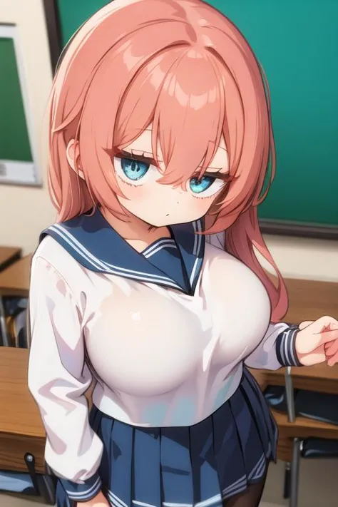 anime girl in uniform posing in front of a classroom