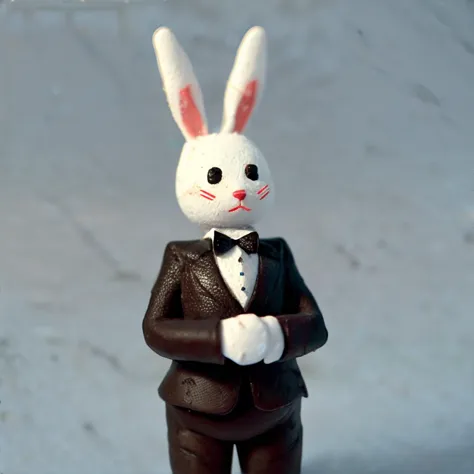 there is a small toy rabbit in a suit and tie