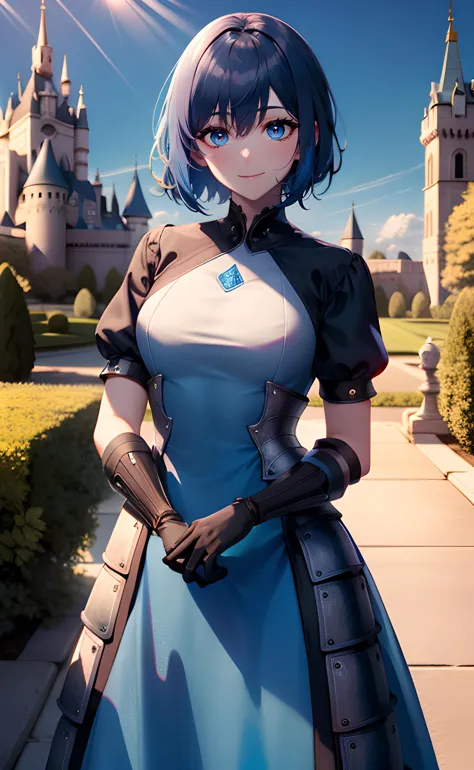 a close up of a woman in a dress and gloves standing in front of a castle