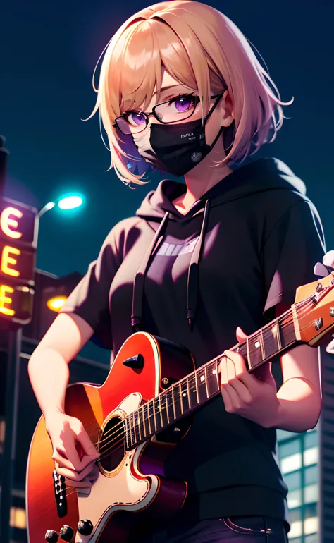 anime girl with a mask playing guitar in the city