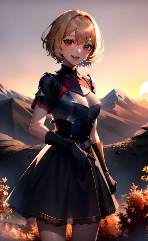 anime girl in a short dress standing in a field with mountains in the background