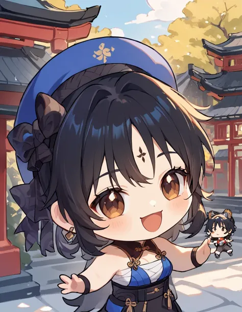 anime girl in a blue hat and black dress holding a small doll