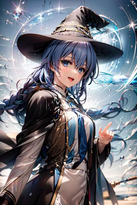 (masterpiece:1.2), highres, best quality, 8k, very clear,
1girl, smile, (witch hat:1.4), blue eyes, blue hair, twin braid, twint...
