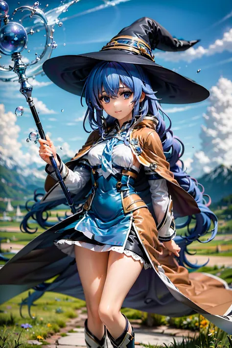 (masterpiece:1.2), highres, best quality, 8k, very clear,
1girl, smile, (witch hat:1.2), blue eyes, blue hair, twin braid, twint...