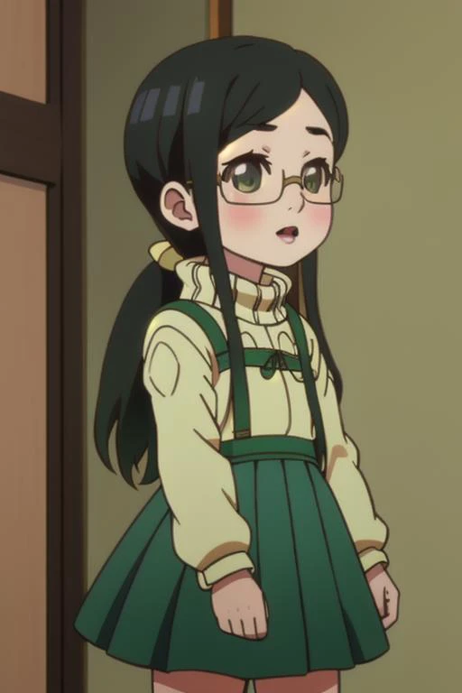 a girl in a green dress and glasses standing in front of a door