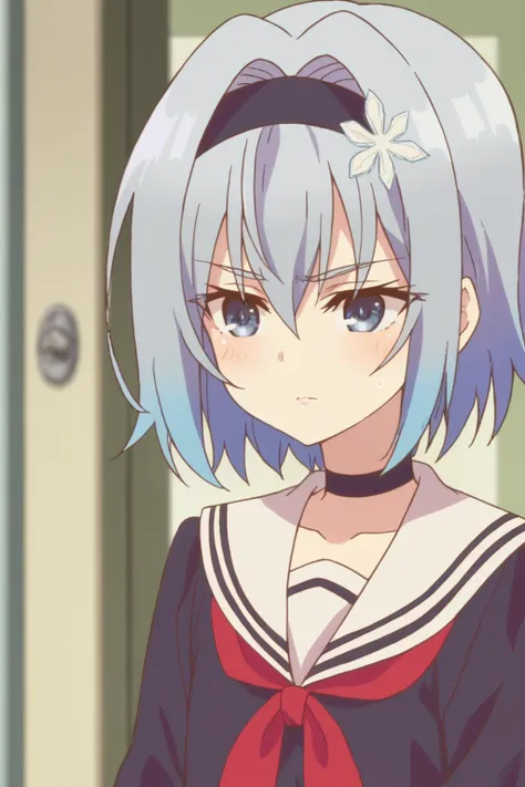 anime girl with blue hair and a sailor outfit standing in front of a door