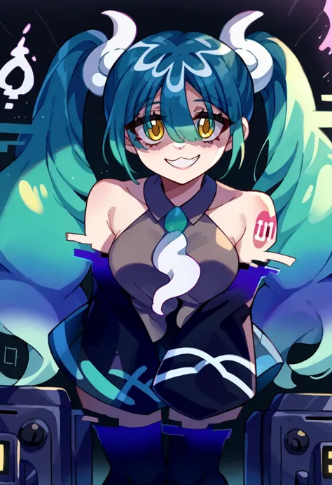 solo, score_9, score_7_up, source_anime, BREAK  creepy smile, leaning forward,  <lora:projectvoltage_ghostmiku_ponyXL:1> ghostmiku, gradient hair, aqua hair, blue hair, yellow eyes pale skin, twintails, glitch, grey shirt, sleeveless shirt, white necktie, black sleeves, detached sleeves, print sleeves, bare shoulders, sleeves past fingers, black skirt, see-through skirt, black thighhighs, darkness, intense shadows, tv static,  <lora:Momoiiroo_Art_Style_PonyXL:1> momoiiroo,