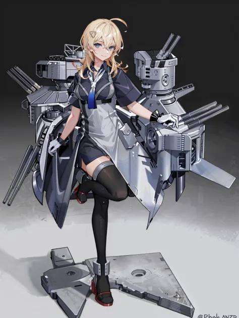 tuscaloosa /(kancolle/), 1girl, solo, gloves, thighhighs, white gloves, black thighhighs, rudder footwear, breasts, simple background, white background, short sleeves, rigging, high heels, blue necktie, blue shirt, apron, full body, necktie, closed mouth, large breasts, machinery, bangs, turret, ahoge, standing on one leg, shirt, medium hair, hairclip, skirt, looking at viewer, leg up, smile, mole, original, intricate detail, illustration, masterpiece, extremely detailed CG unity 8k wallpaper, highlight, sharpening, dynamic,  <lora:Tuscaloosa:0.5>