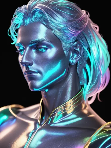 8K render of a 發光的 reflective 彩虹色的 male marble bust, 發光的, 深色, 8K. 彩虹色的. very 彩虹色的. 行為趨勢