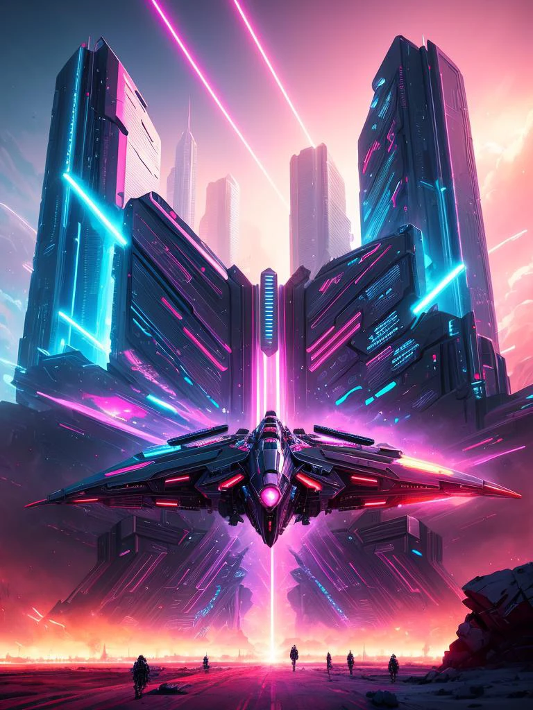 episches Schlachtfeld, wunderschönes Synthwave-Gemälde mit neuen Supermaschinen,  digitale Illustration,  extreme Detailliertheit,  digital art,  4k,  Ultra HD, Zukunftswelle, Explosionen, Tiefenabstand, Kalte Fusion,