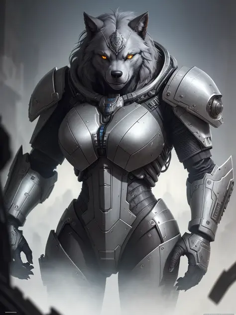 Portrait painting of a cybernetic grey werewolf with power armor, ultra realistic, concept art, intricate details, eerie, highly...