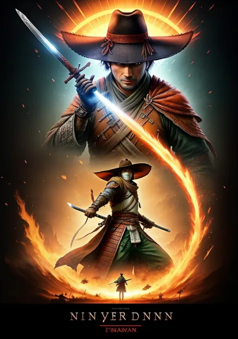 a man in a cowboy hat holding a sword, sekiro, centralized urban fantasy, digital yellow red sun, on amino, 2d game background, 'if all can begin again, in a gentle green dawn light, g - man ending, kano, avatar image, wanderer