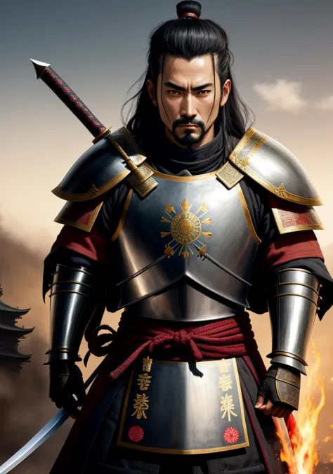 a painting of a man in armor with two swords, samurai movie poster, cool 3d visualisation, streaming on twitch, age of empires 3...