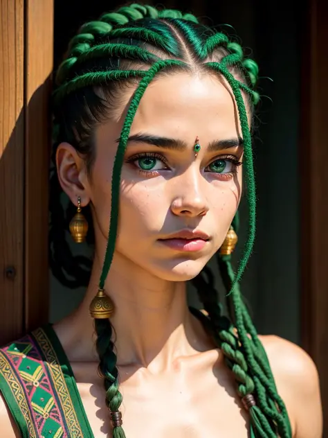 Protrait, photograph, androgynous hunnuman, oval jaw, delicate features, beautiful face, dreadlocked hair, long bangs, long ponytail, bright blue-green eyes, hindu art